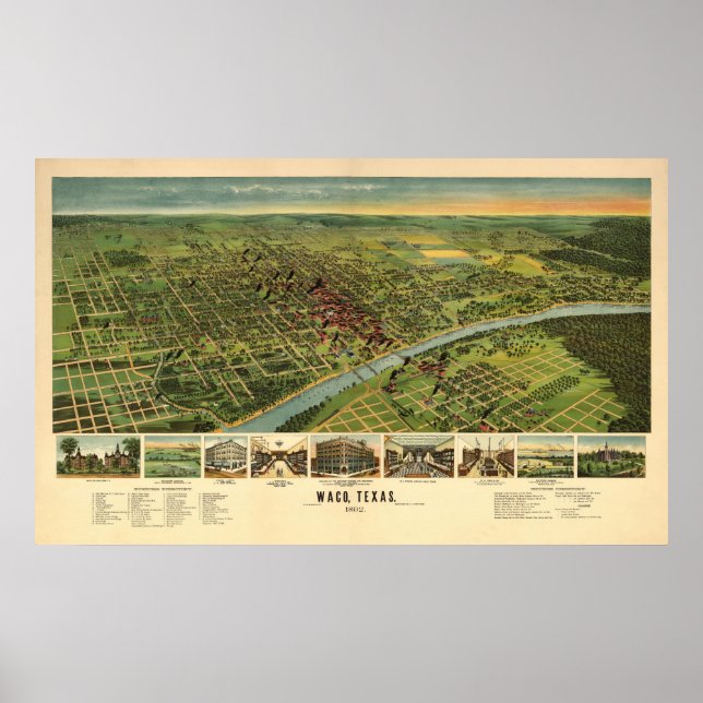 Póster Mapa panorámico de Waco, TX BirdView (Frente)