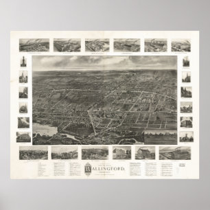 Póster Mapa Panorámico de Wallingford Connecticut 1905