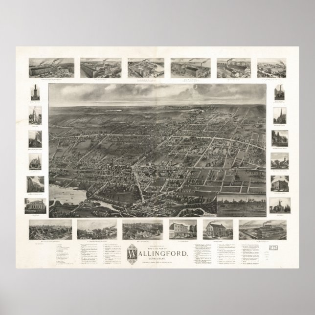 Póster Mapa Panorámico de Wallingford Connecticut 1905 (Frente)