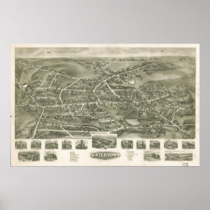 Póster Mapa Panorámico de Watertown Connecticut 1918