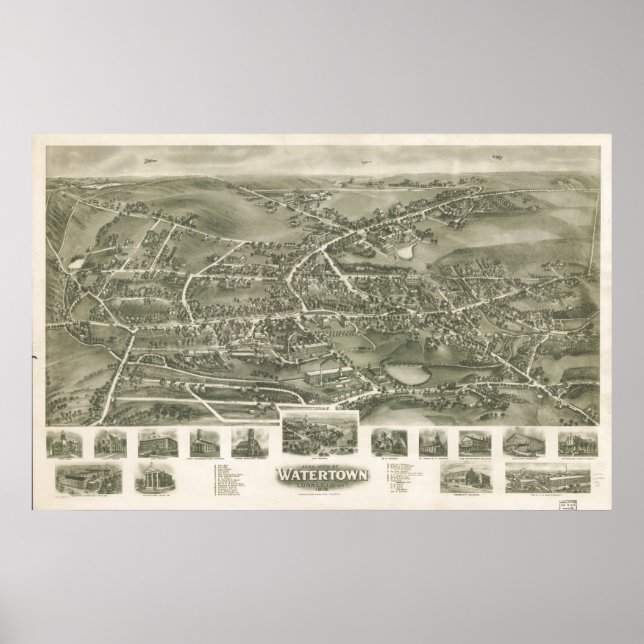 Póster Mapa Panorámico de Watertown Connecticut 1918 (Frente)