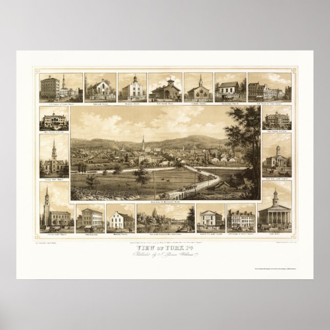 Póster Mapa panorámico de York, PA - 1852 (Frente)