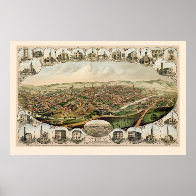Póster Mapa panorámico de York, PA - 1879 (Frente)
