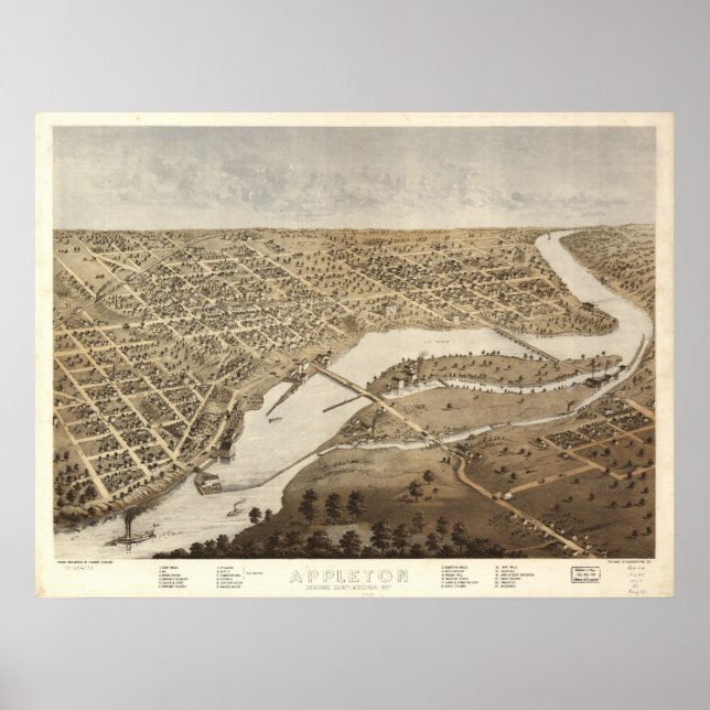 Póster Mapa Panorámico del Appleton Wisconsin 1887 (Frente)