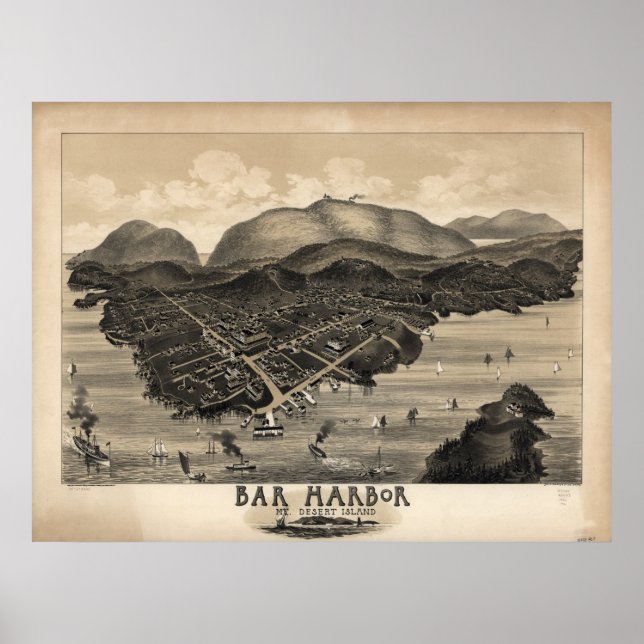 Póster Mapa Panorámico del Bar Harbour Maine 1886 (Frente)
