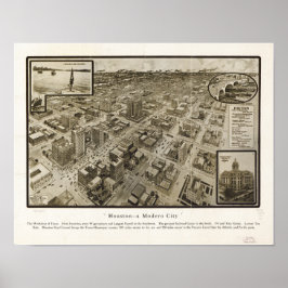 Póster Mapa Panorámico del Centro de Houston Texas 1912