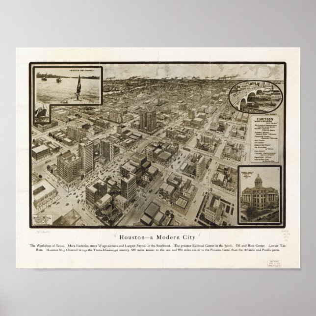 Póster Mapa Panorámico del Centro de Houston Texas 1912 (Frente)