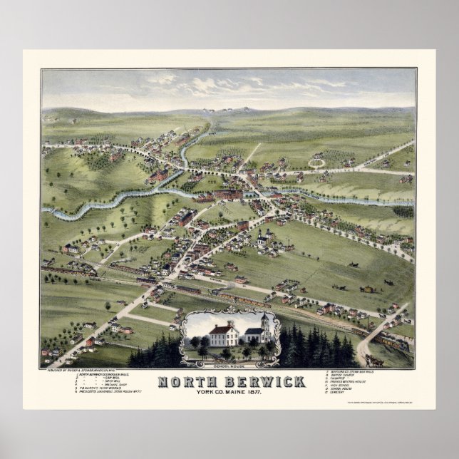 Póster Mapa Panorámico del Norte de Berwick, ME - 1877 (Frente)