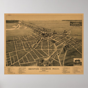 Póster Mapa Panorámico del Puerto de Benton Michigan 1889