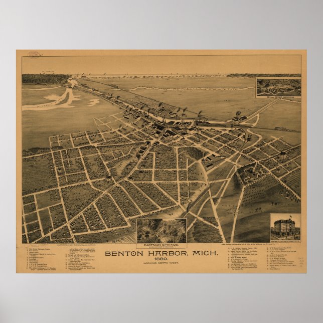 Póster Mapa Panorámico del Puerto de Benton Michigan 1889 (Frente)