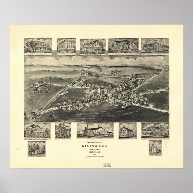 Póster Mapa Panorámico del Sol Naciente Maryland 1907 (Frente)