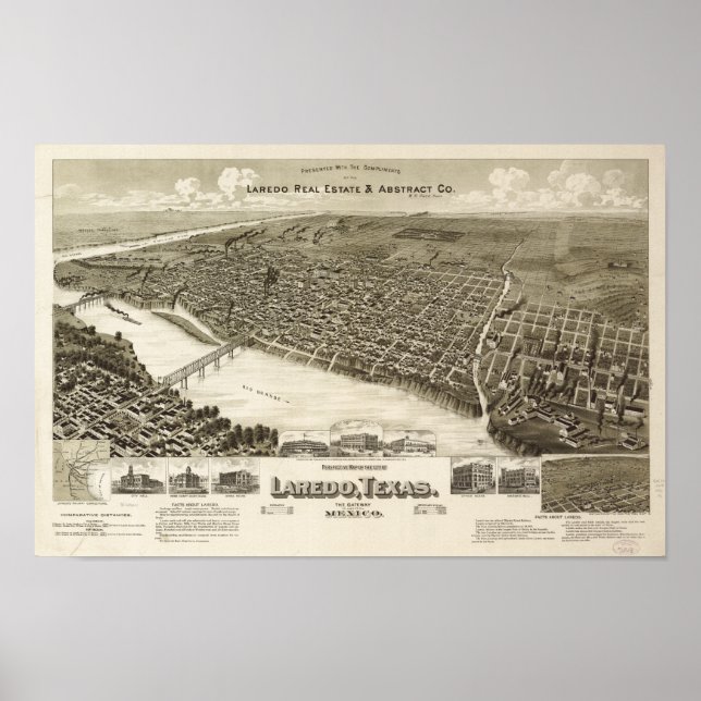 Póster Mapa Panorámico Laredo Texas 1892 (Frente)