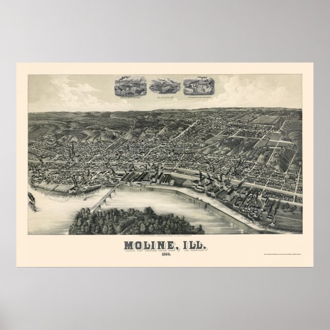 Póster Mapa Panorámico Moline, IL - 1889 (Frente)