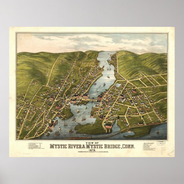 Póster Mapa Panorámico Mystic River Connecticut 1879 (Frente)