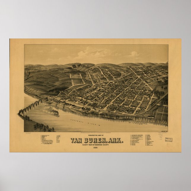 Póster Mapa panorámico Van Buren Arkansas 1888 (Frente)