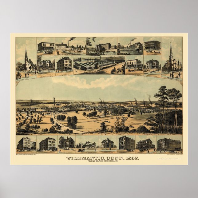 Póster Mapa panorámico Wilimantic, CT - 1882 (Frente)