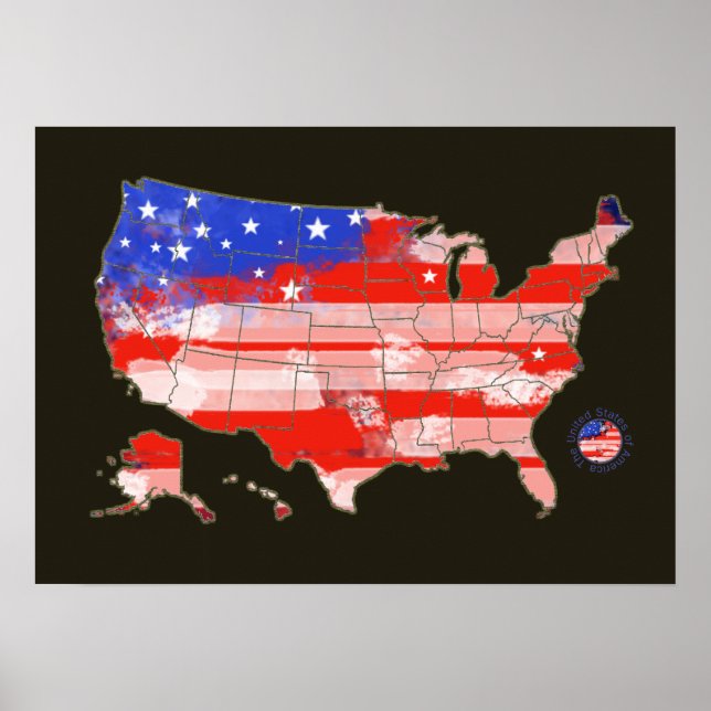 Póster mapa patriótico azul rojo de las franjas y estrell (Frente)