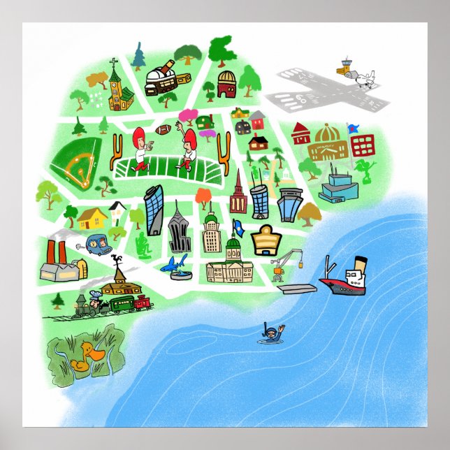 Póster Mapa personalizado de una ciudad portuaria imagina (Frente)