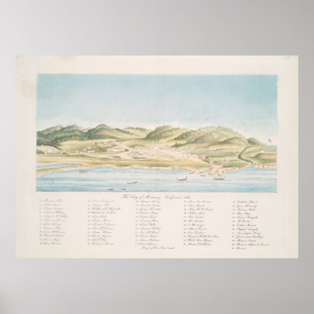 Póster Mapa pictórico de época de Monterey CA (1842) (Frente)