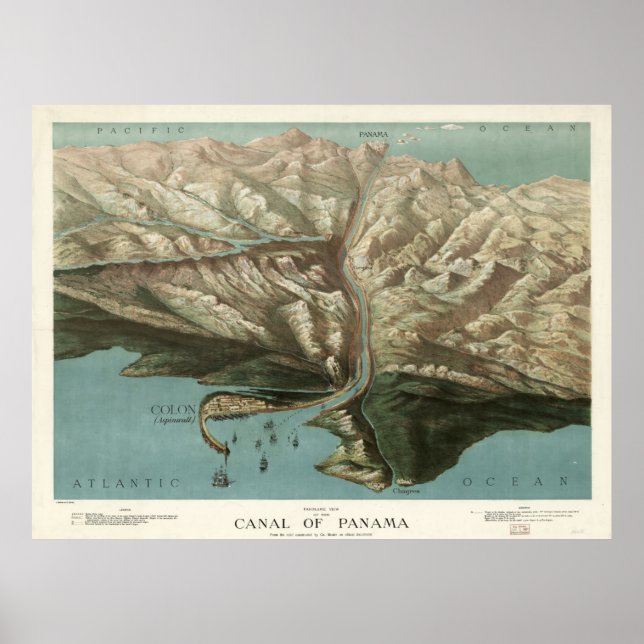 Póster Mapa pictórico de época del Canal de Panamá (1881) (Frente)