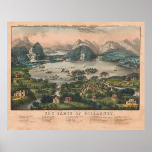 Póster Mapa pictórico de los lagos vintage de Killarney (