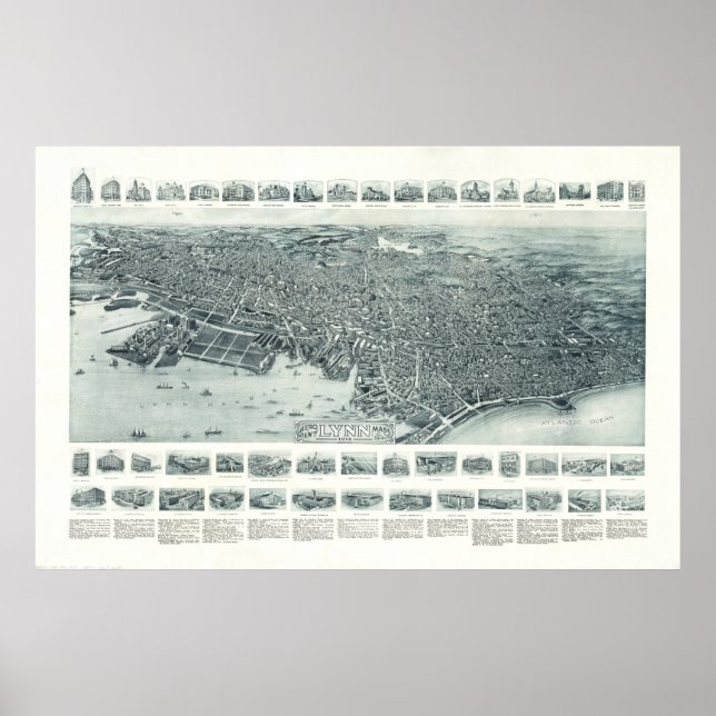 Póster Mapa pictórico de Lynn Massachusetts (1916) (Frente)