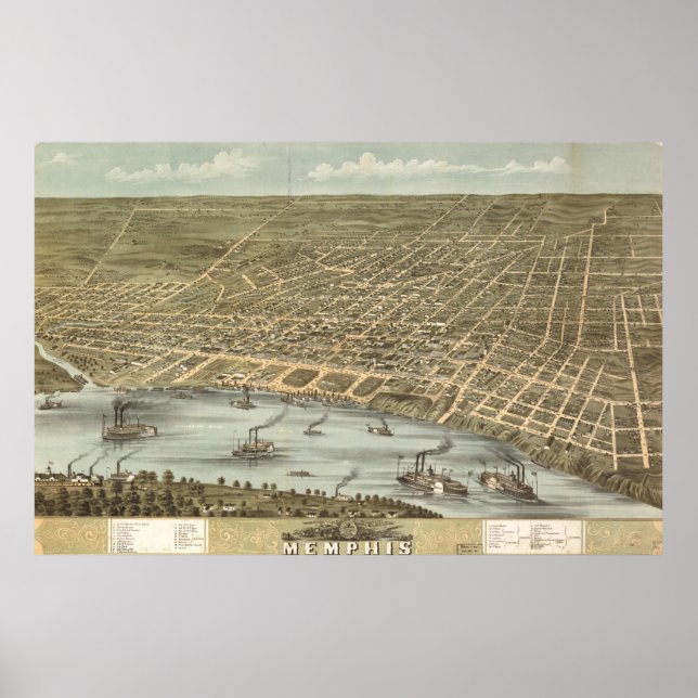 Póster Mapa pictórico de Memphis Tennessee (1870) (Frente)