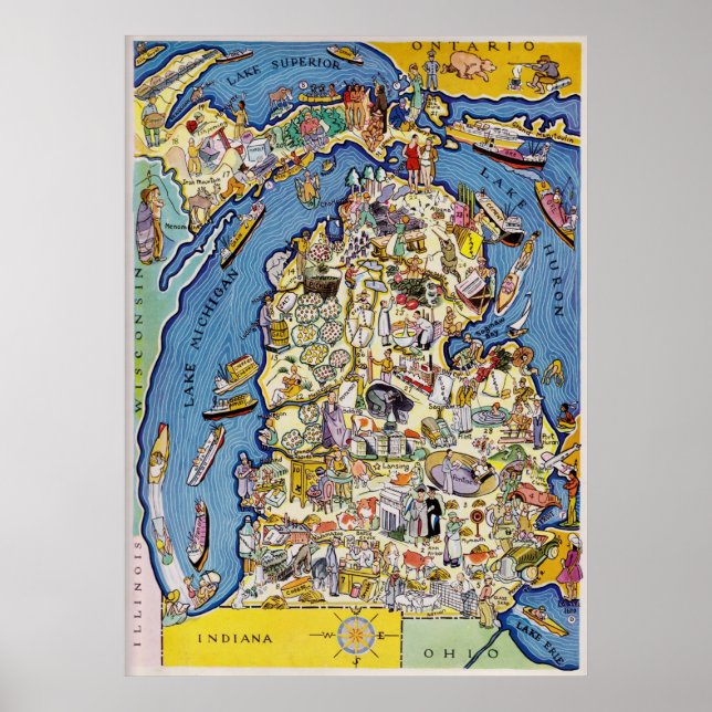 Póster Mapa pictórico de Michigan en los años 1930 (Frente)