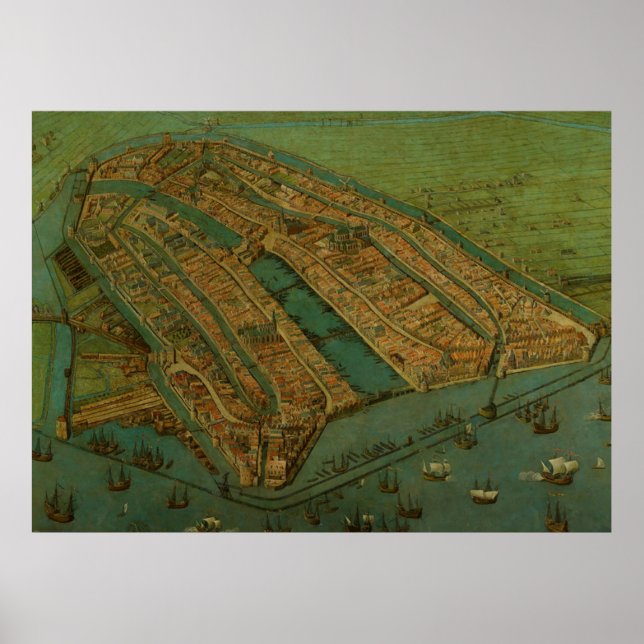 Póster Mapa pictórico vintage de Amsterdam (1538) (Frente)