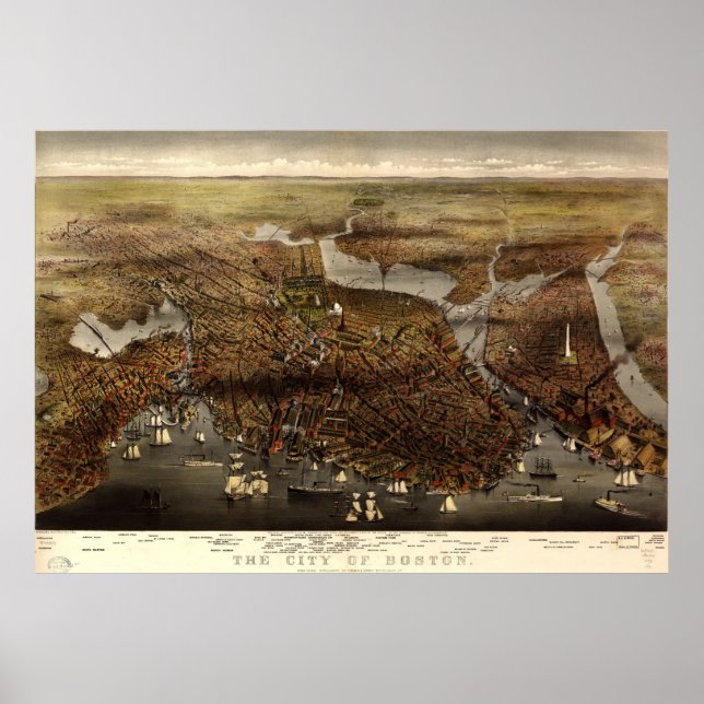 Póster Mapa pictórico vintage de Boston (1873) (Frente)