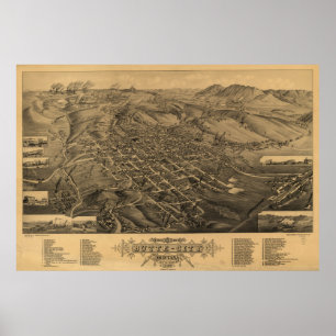 Póster Mapa pictórico vintage de Butte Montana (1884)