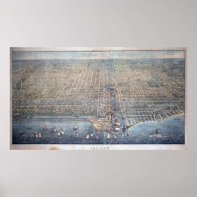 Póster Mapa pictórico vintage de Chicago (1857) (Frente)