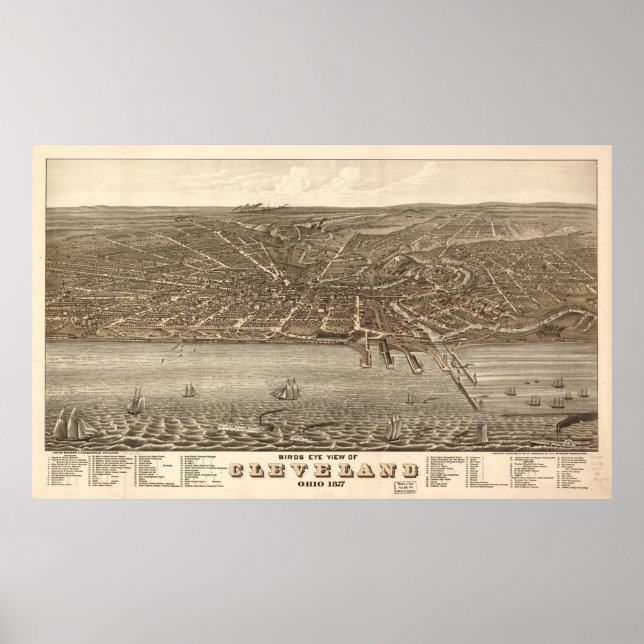 Póster Mapa pictórico vintage de Cleveland (1877) (Frente)