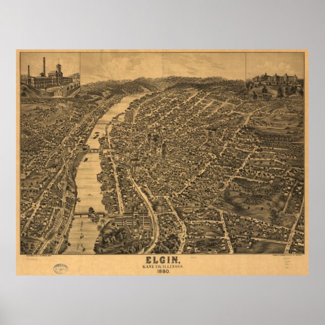 Póster Mapa pictórico vintage de Elgin Illinois (1880) (Frente)