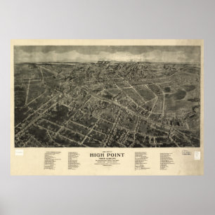 Póster Mapa pictórico vintage de High Point NC (1913)