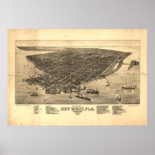 Póster Mapa pictórico vintage de Key West FL (1884)