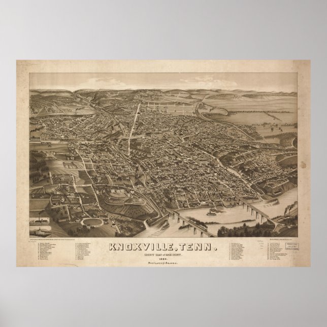 Póster Mapa pictórico vintage de Knoxville (1886) (Frente)