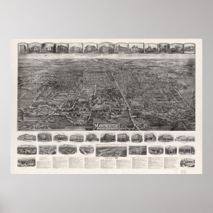 Póster Mapa pictórico vintage de Manchester CT (1914)