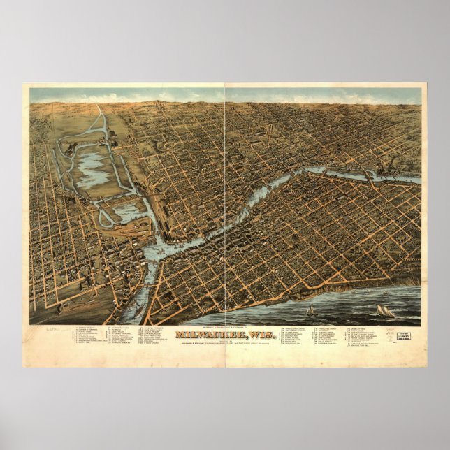 Póster Mapa pictórico vintage de Milwaukee (1872) (Frente)
