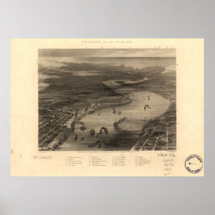 Póster Mapa pictórico vintage de Nueva Orleans (1863)