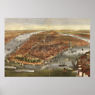 Póster Mapa pictórico vintage de Nueva York (1870)