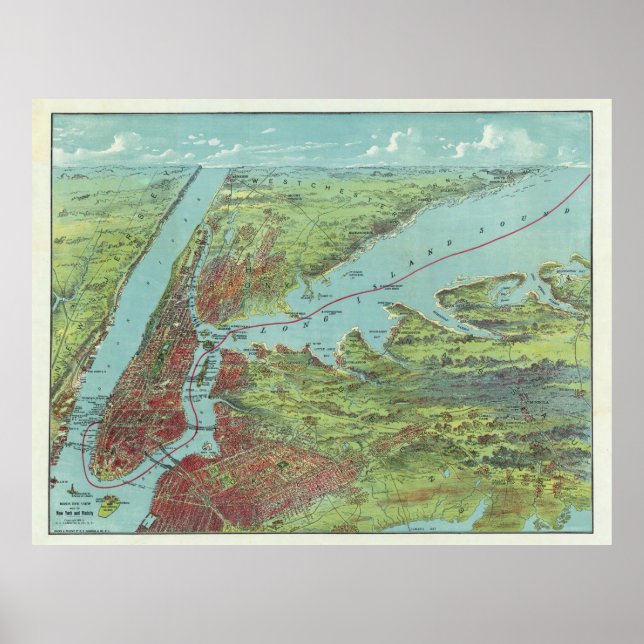 Póster Mapa pictórico vintage de Nueva York (1909) (Frente)