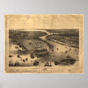 Póster Mapa pictórico vintage de NYC y Brooklyn (1851)
