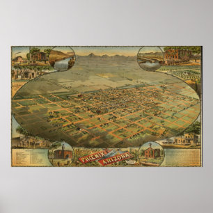 Póster Mapa pictórico vintage de Phoenix Arizona (1885)