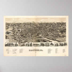 Póster Mapa pictórico vintage de Roanoke Virginia (1891)