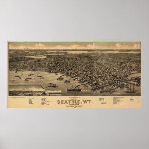 Póster Mapa pictórico vintage de Seattle (1884)