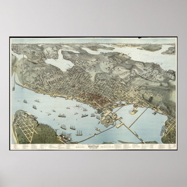 Póster Mapa pictórico vintage de Seattle Washington (1891 (Frente)