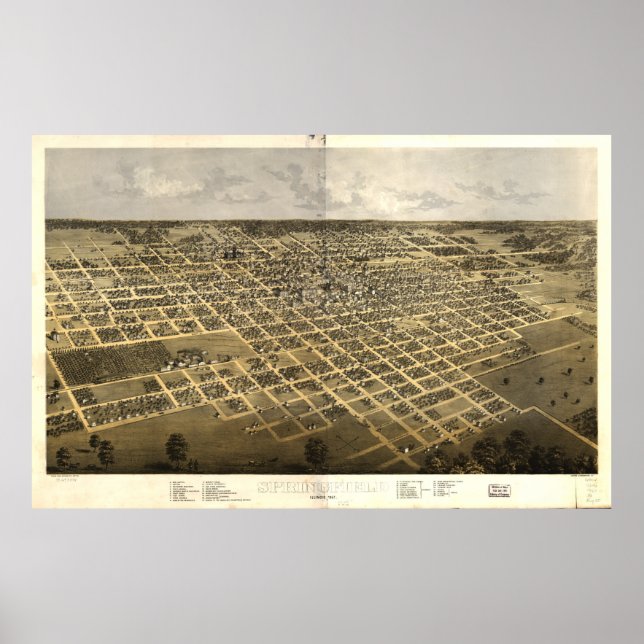 Póster Mapa pictórico vintage de Springfield IL (1867) (Frente)