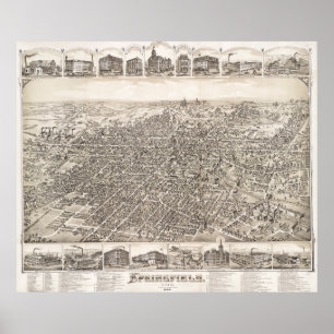 Póster Mapa pictórico vintage de Springfield Ohio (1884)