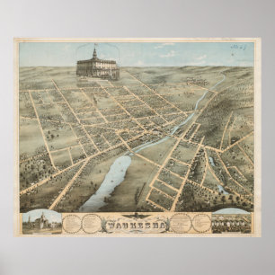 Póster Mapa pictórico vintage de Waukesha Wisconsin (1874